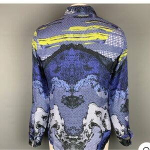 JUST CAVALLI Size L Navy & Yellow Print Silk French Cuff Long Sleeve Shirt 52